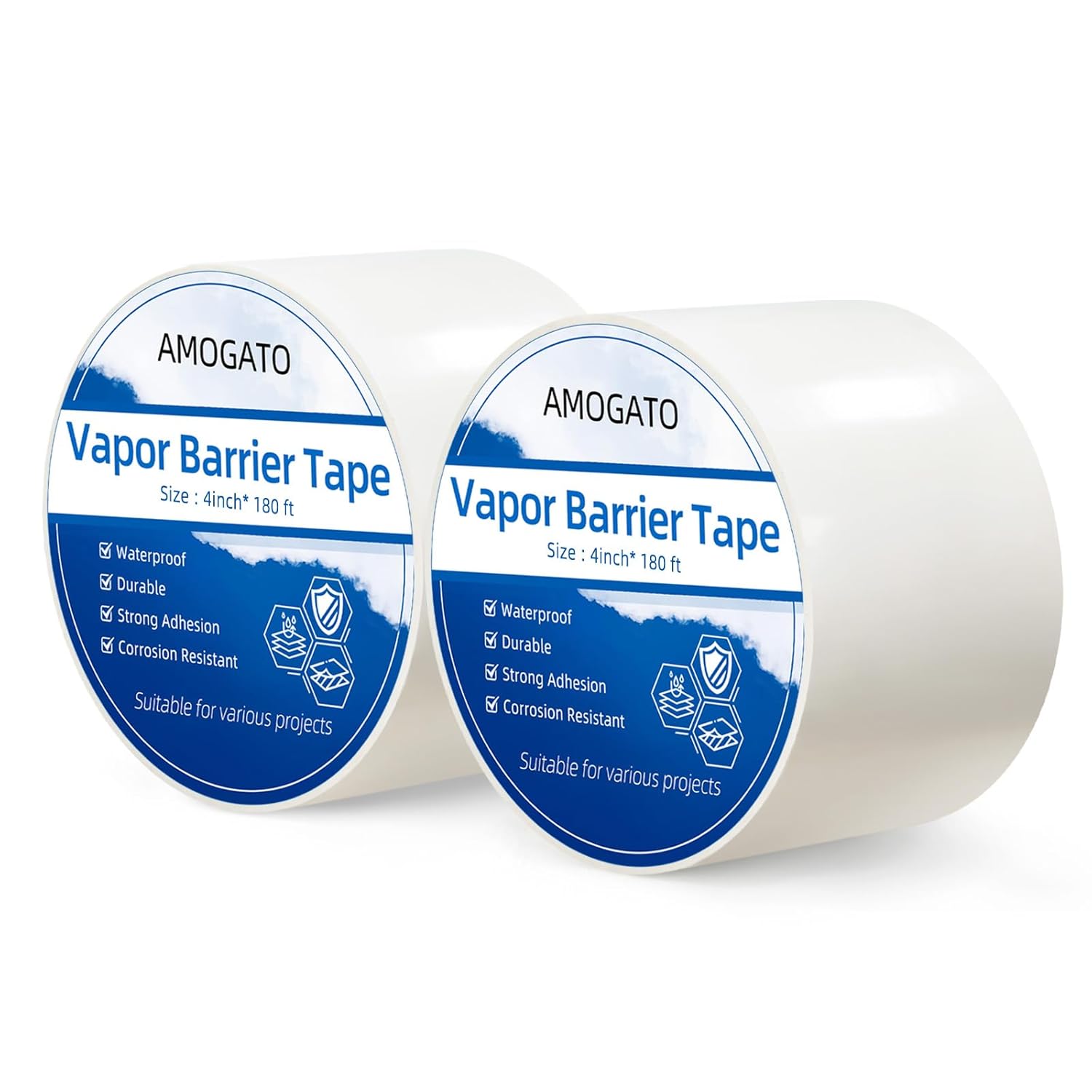 AMOGATO 8 Mil Vapor Barrier Tape - 4" x 180' x 2 Roll, Super Sticky Moisture Barrier, Tear-Resistant Polyethylene Sealant