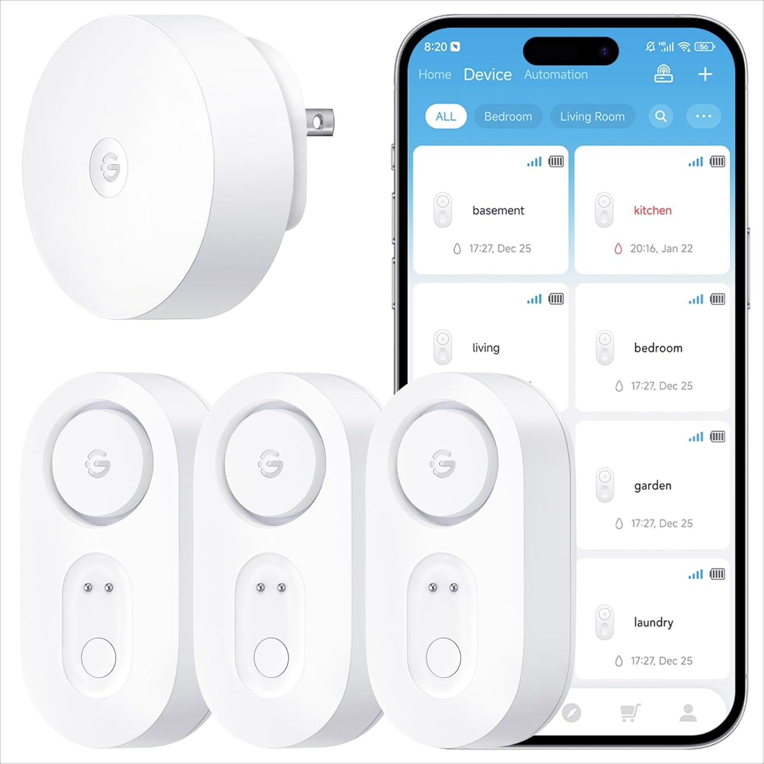 GoveeLife Upgraded Smart Water Leak Detector 1s with 1804ft Ultra-Long Range, WiFi Water Sensor with SMS/Email/APP Push and Sound Alarm, 5-YearBattery