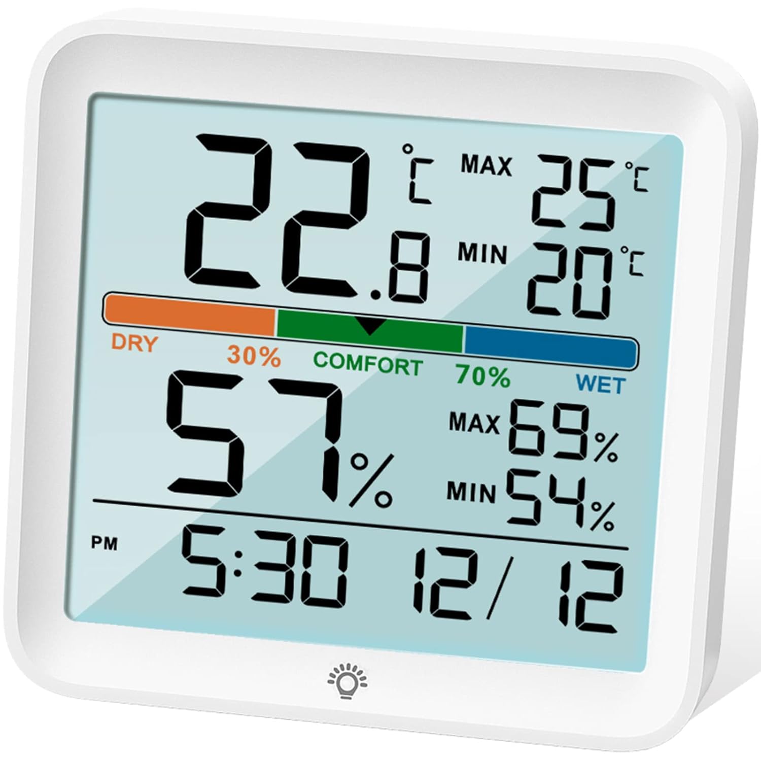 Digital Thermometer Indoor Hygrometer: Accurate Temperature Humidity Meter, Large 9.4cm LCD, Max&Min Record, Backlight, Time, Date