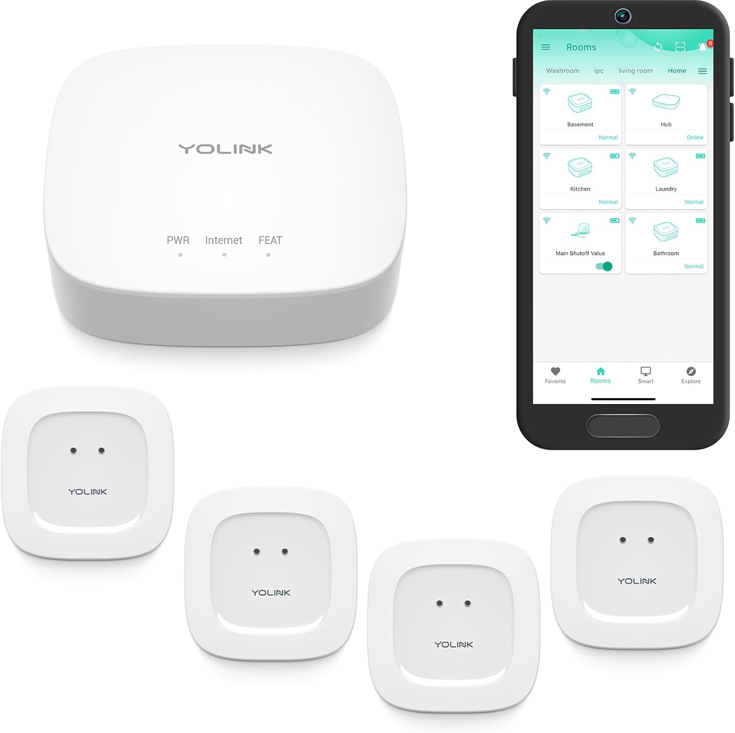 YoLink Smart Home Leak Detection Starter Kit – Hub + 4 Water Leak Sensors (0 dB), LoRa Long-Range, Alexa & IFTTT Compatible, Instant App/SMS/Email